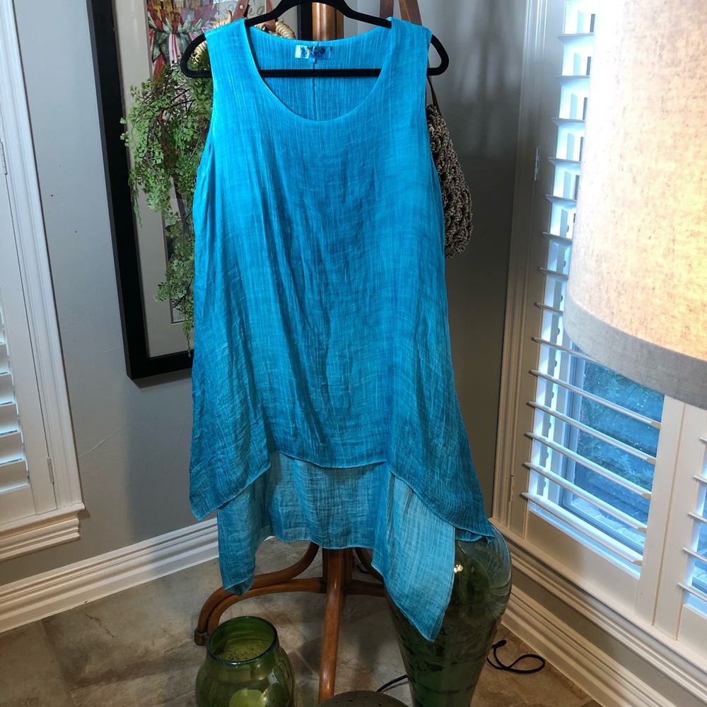 Turquoise sleeveless cover up.  OS